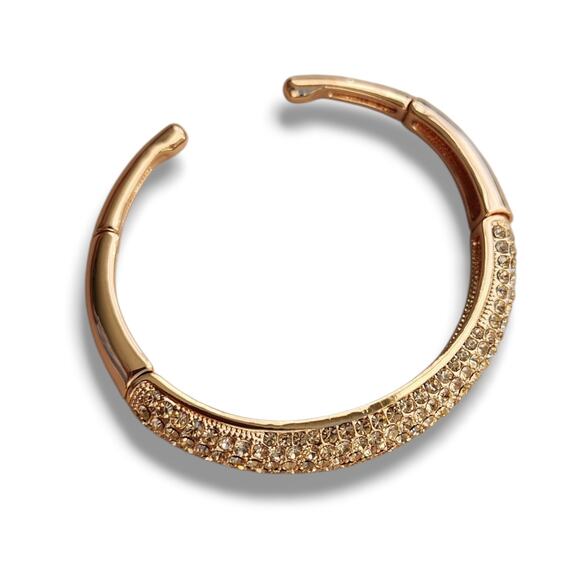 Vintage Joan Boyce Champagne Peach Rhinestone Rose Gold Clamper Bangle Bracelet - Picture 2 of 12